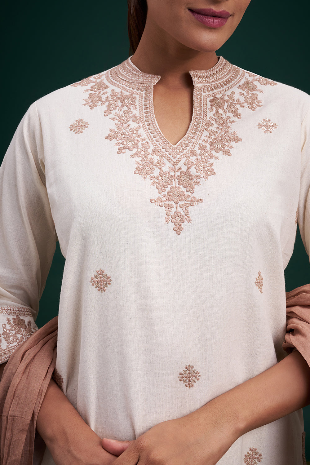 Cream Cotton Jute Salwar Suit with Floral Motifs