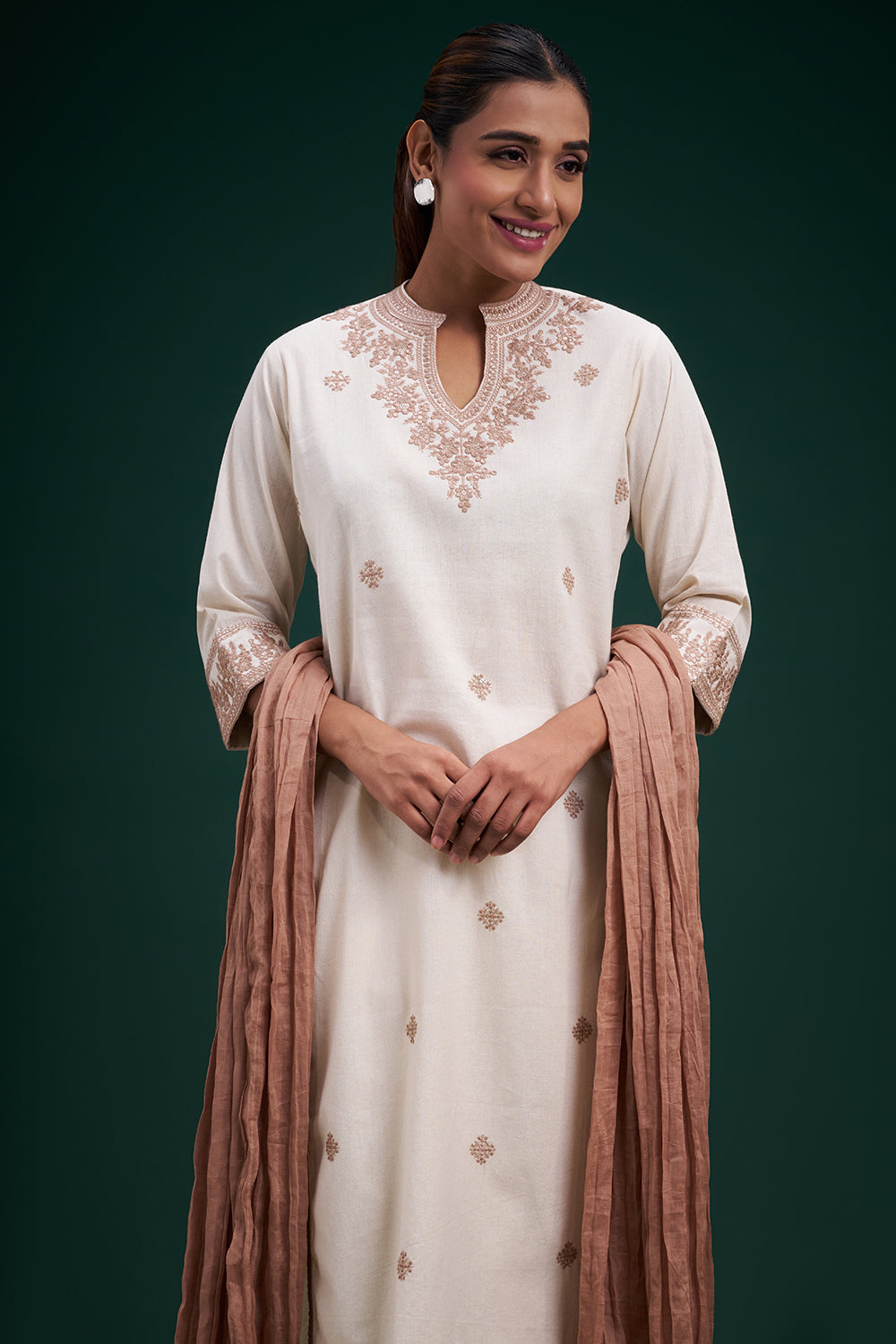 Cream Cotton Jute Salwar Suit with Floral Motifs