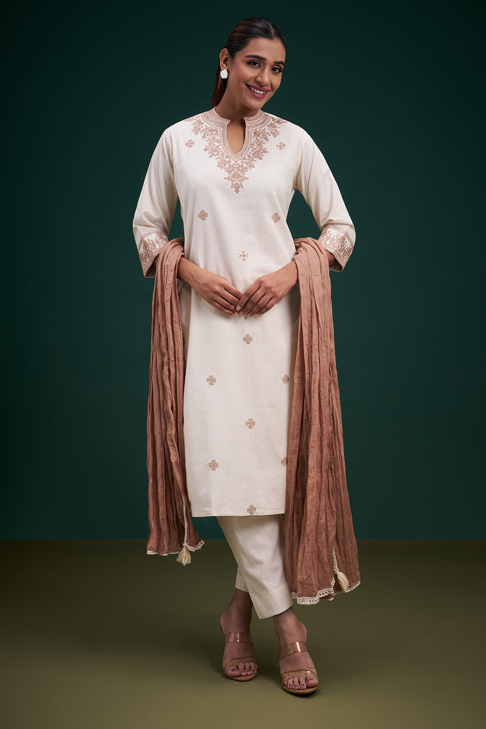 Cream Cotton Jute Salwar Suit with Floral Motifs