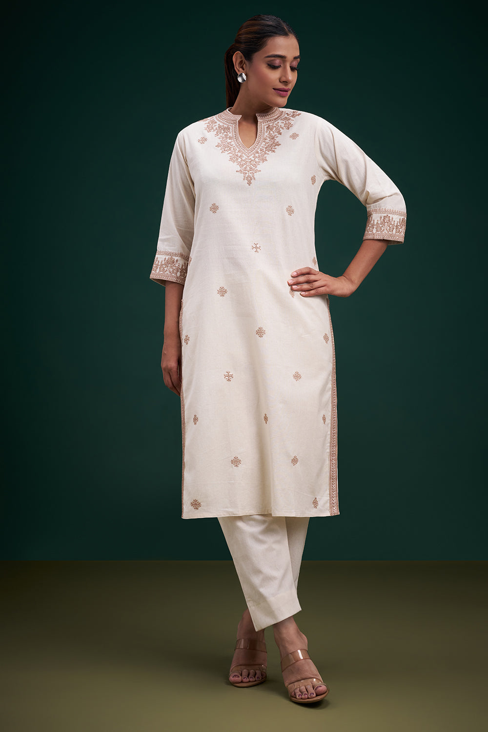 Cream Cotton Jute Salwar Suit with Floral Motifs