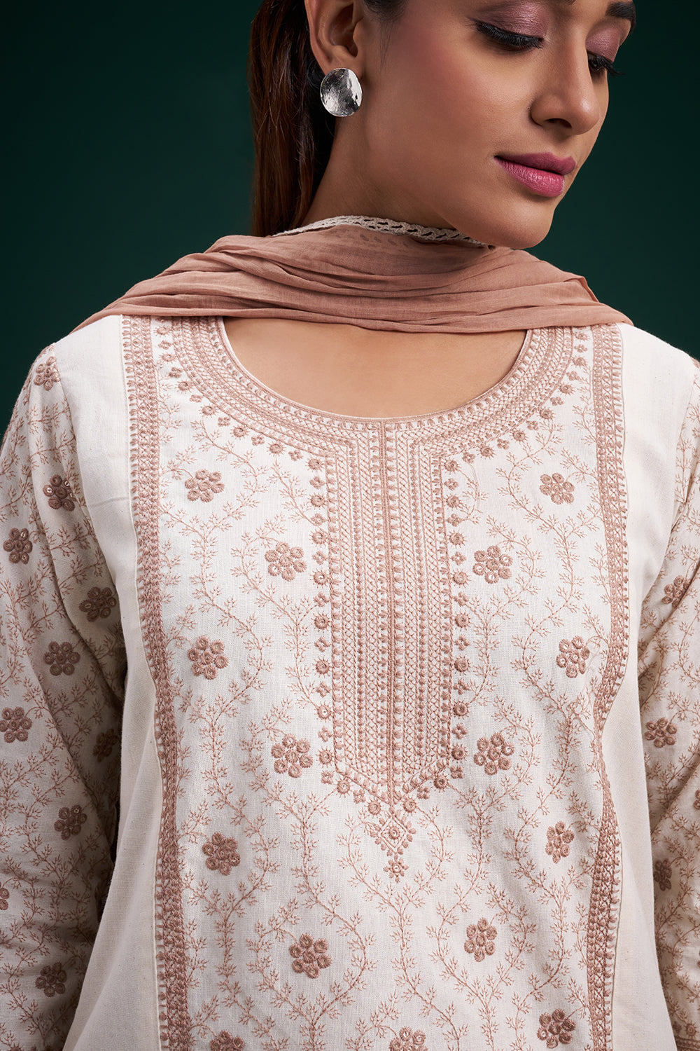 Cream Cotton Jute Salwar Suit with Kashmiri Embroidery and Sequin Work