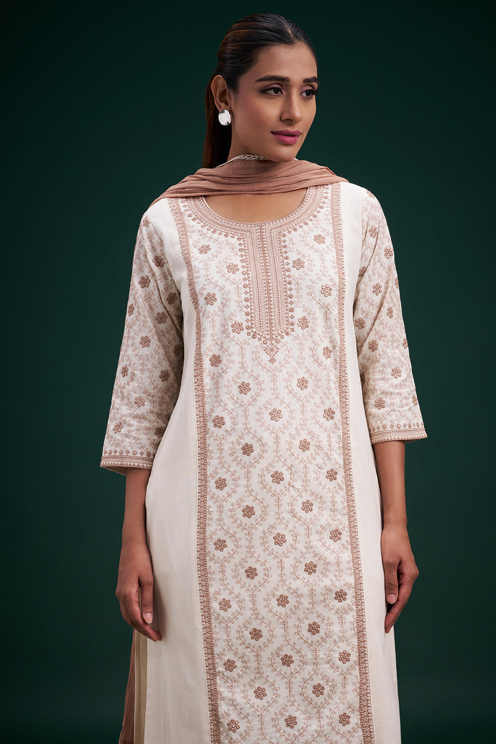 Cream Cotton Jute Salwar Suit with Kashmiri Embroidery and Sequin Work