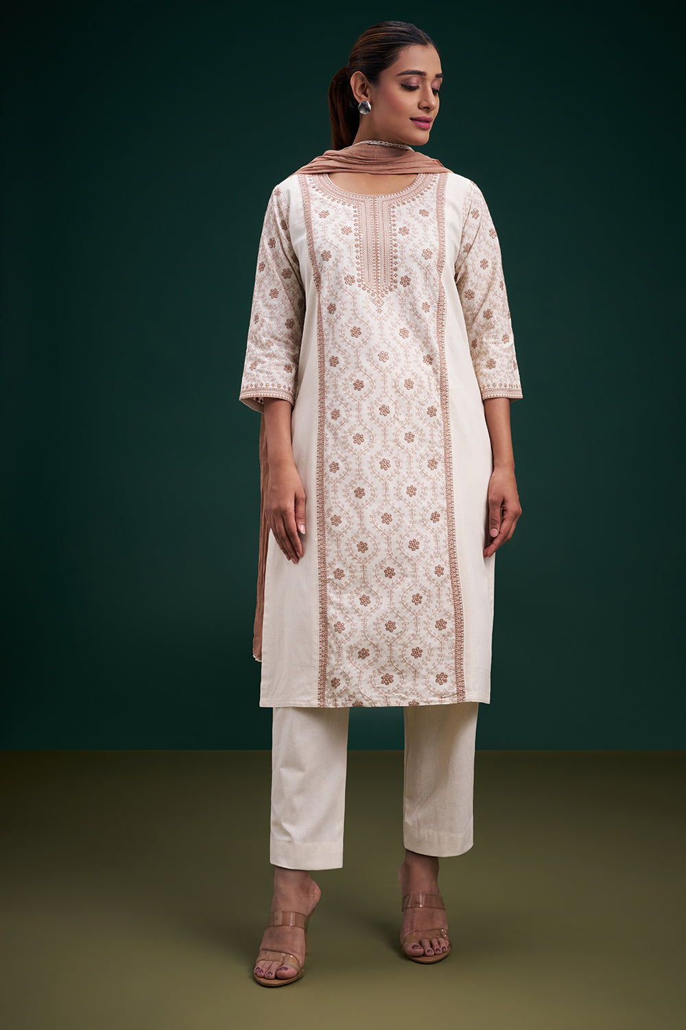 Cream Cotton Jute Salwar Suit with Kashmiri Embroidery and Sequin Work