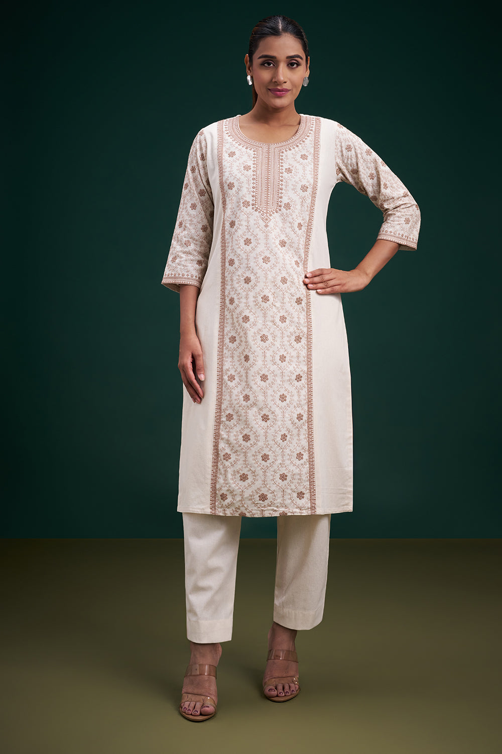 Cream Cotton Jute Salwar Suit with Kashmiri Embroidery and Sequin Work