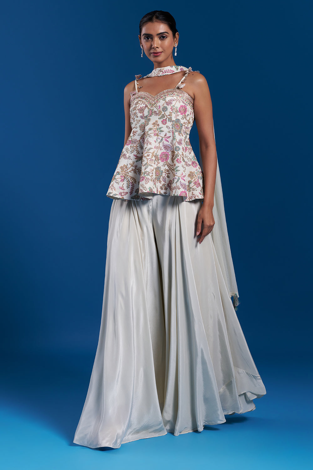 Cream Crepe Palazzo Set with Floral Print