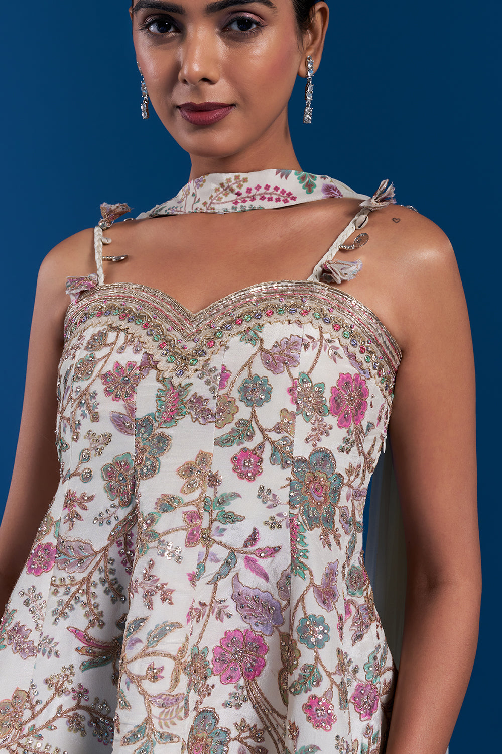 Cream Crepe Palazzo Set with Floral Print