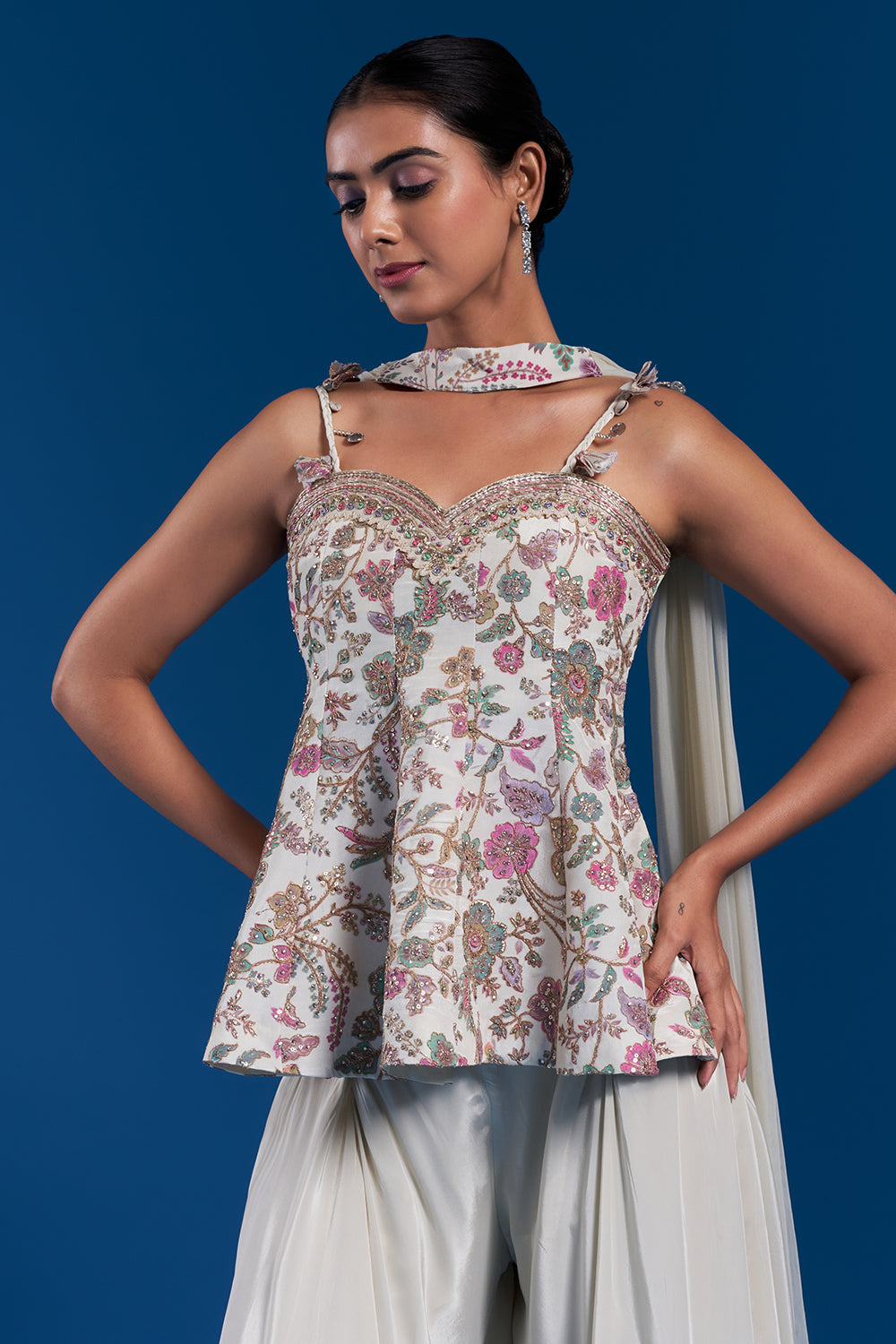 Cream Crepe Palazzo Set with Floral Print