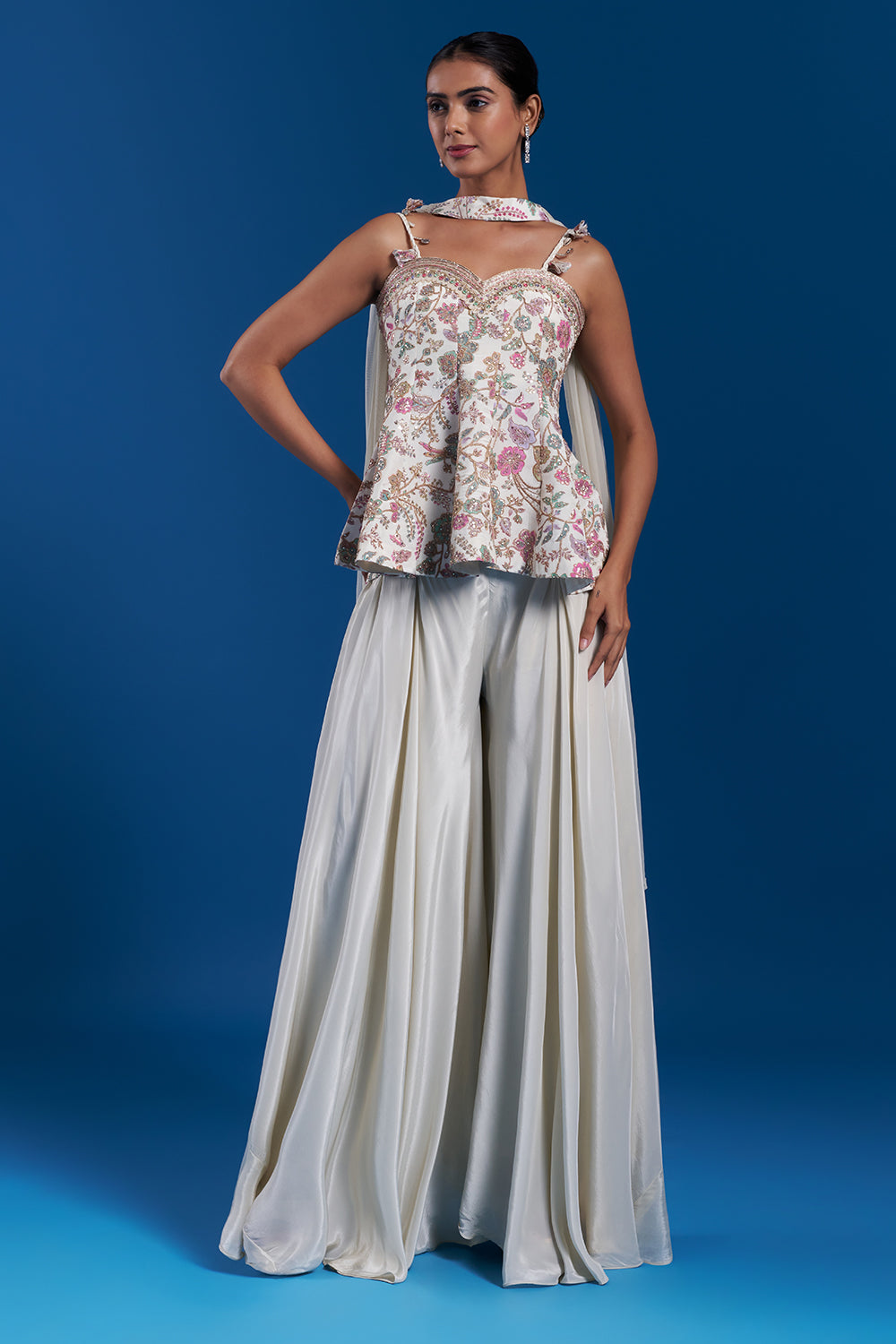 Cream Crepe Palazzo Set with Floral Print