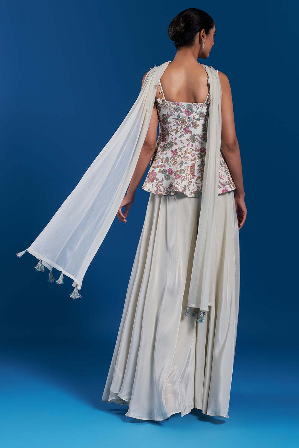 Cream Crepe Palazzo Set with Floral Print