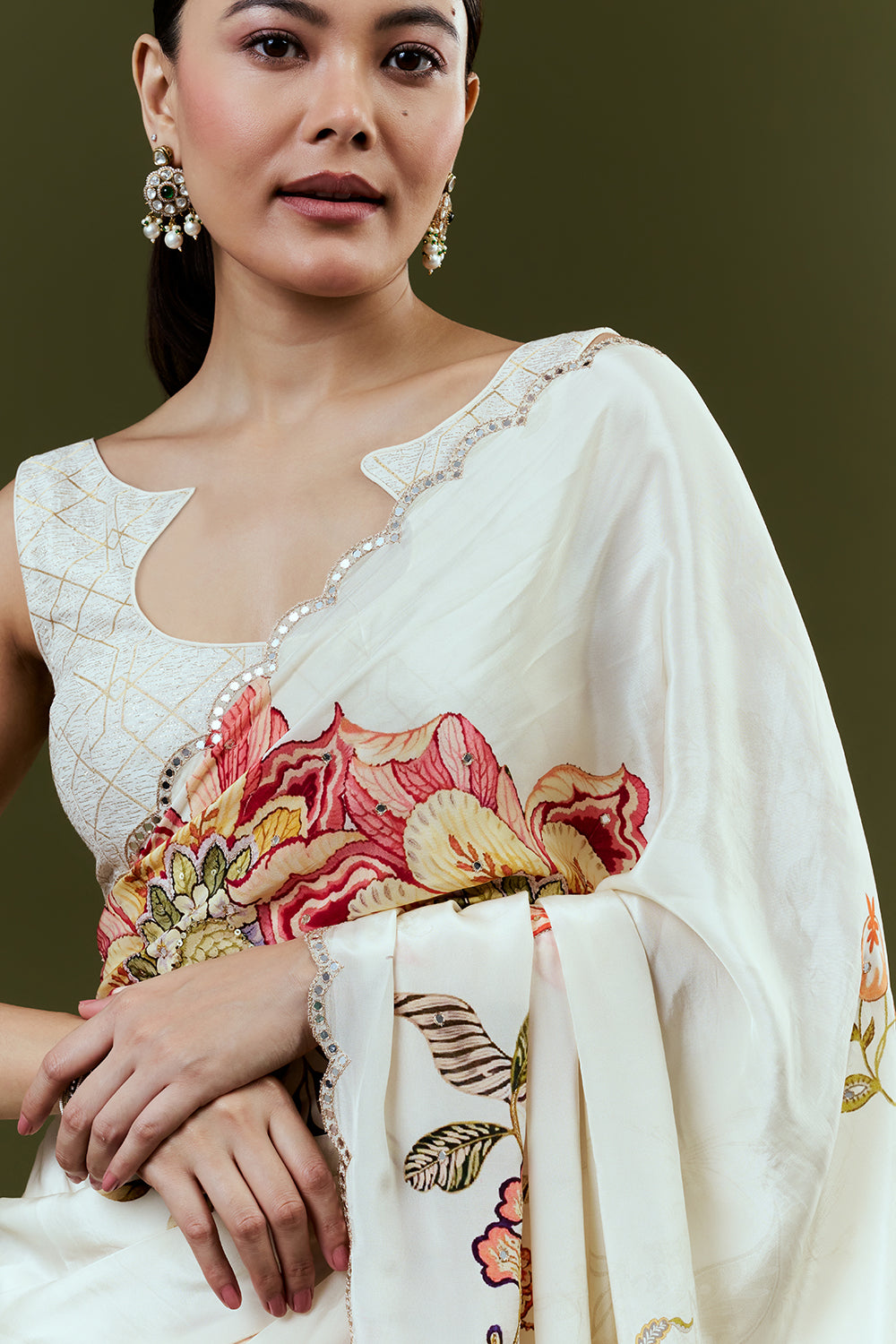 Cream Crepe Saree with Floral Print and Mirror Work