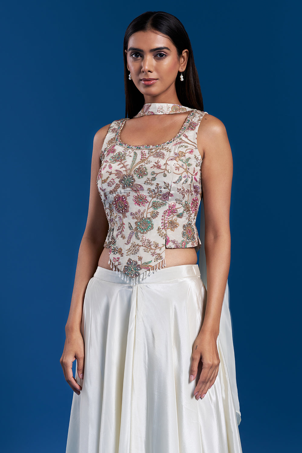 Cream Floral Skirt Set with Aari Work