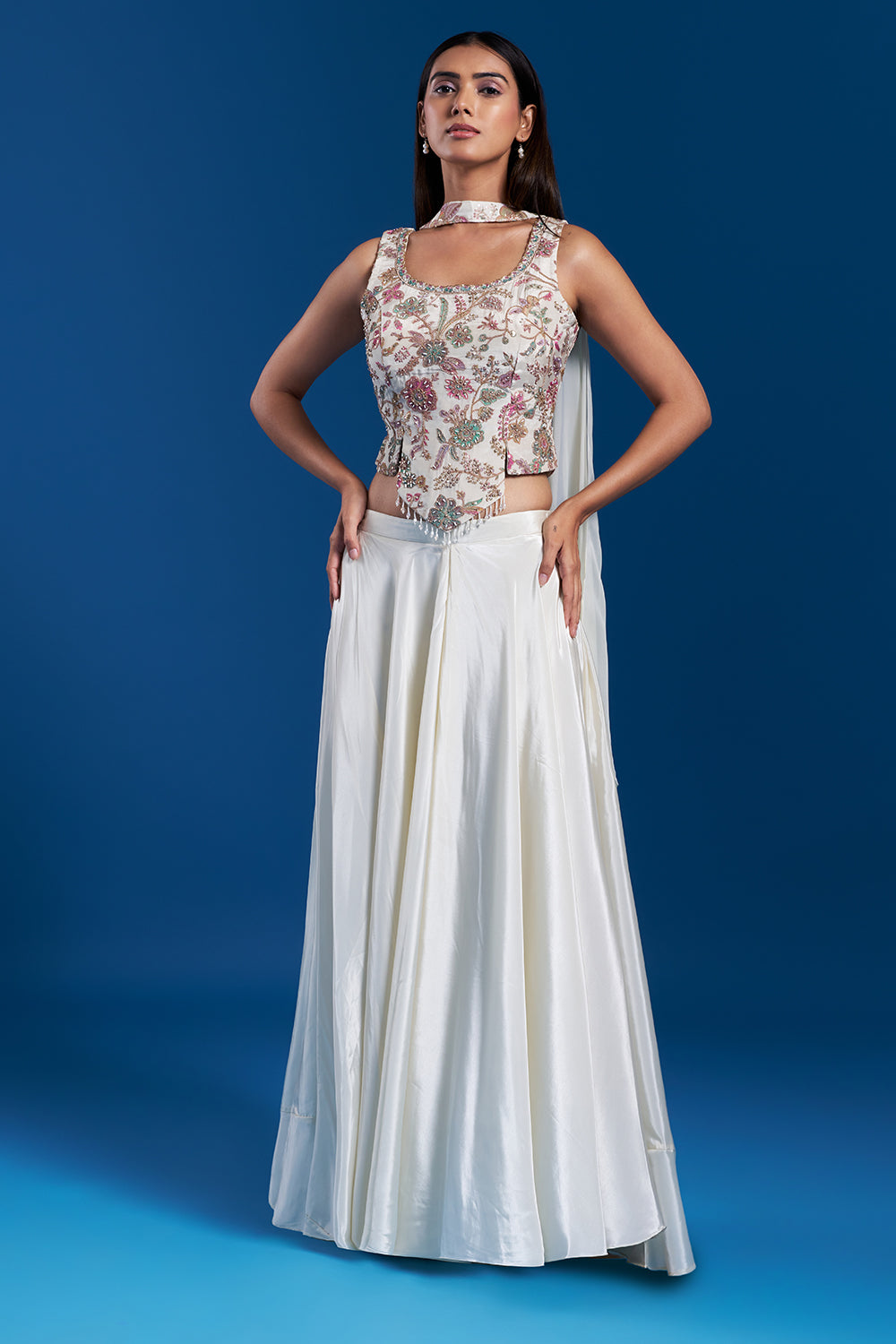 Cream Floral Skirt Set with Aari Work
