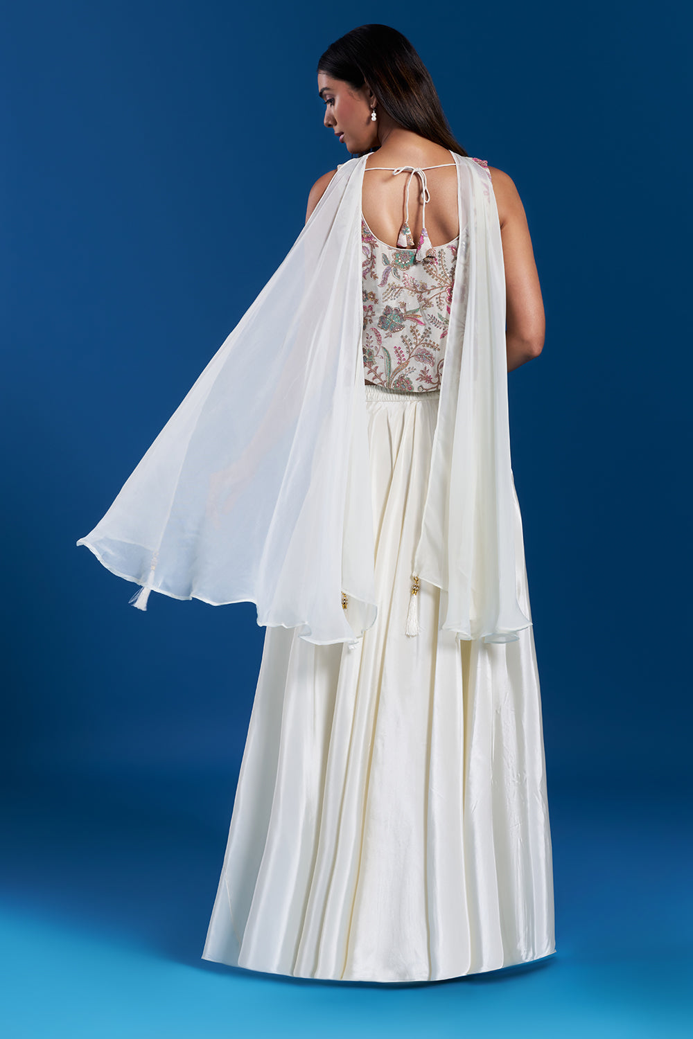 Cream Floral Skirt Set with Aari Work