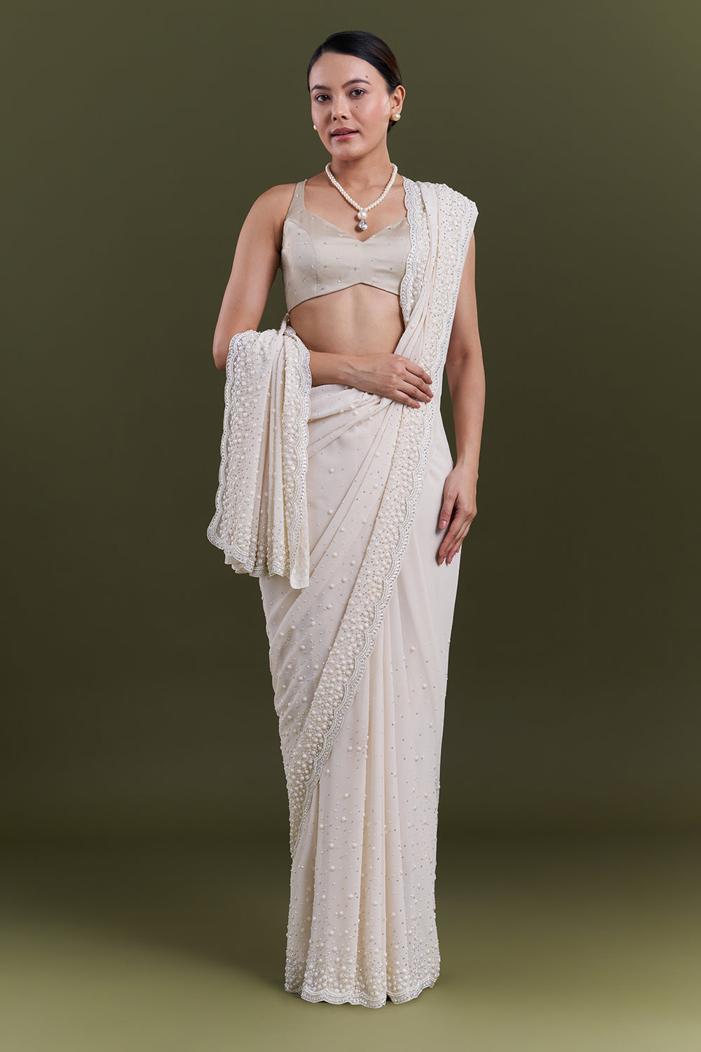 Cream Georgette Pearl Embellished Saree