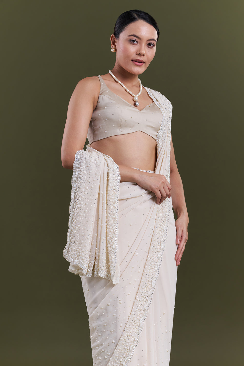 Cream Georgette Pearl Embellished Saree