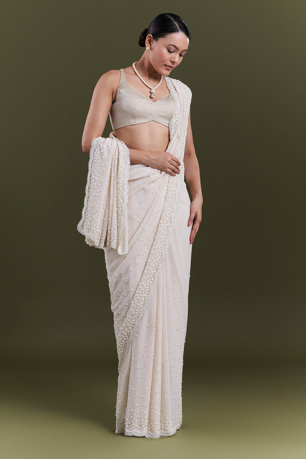 Cream Georgette Pearl Embellished Saree