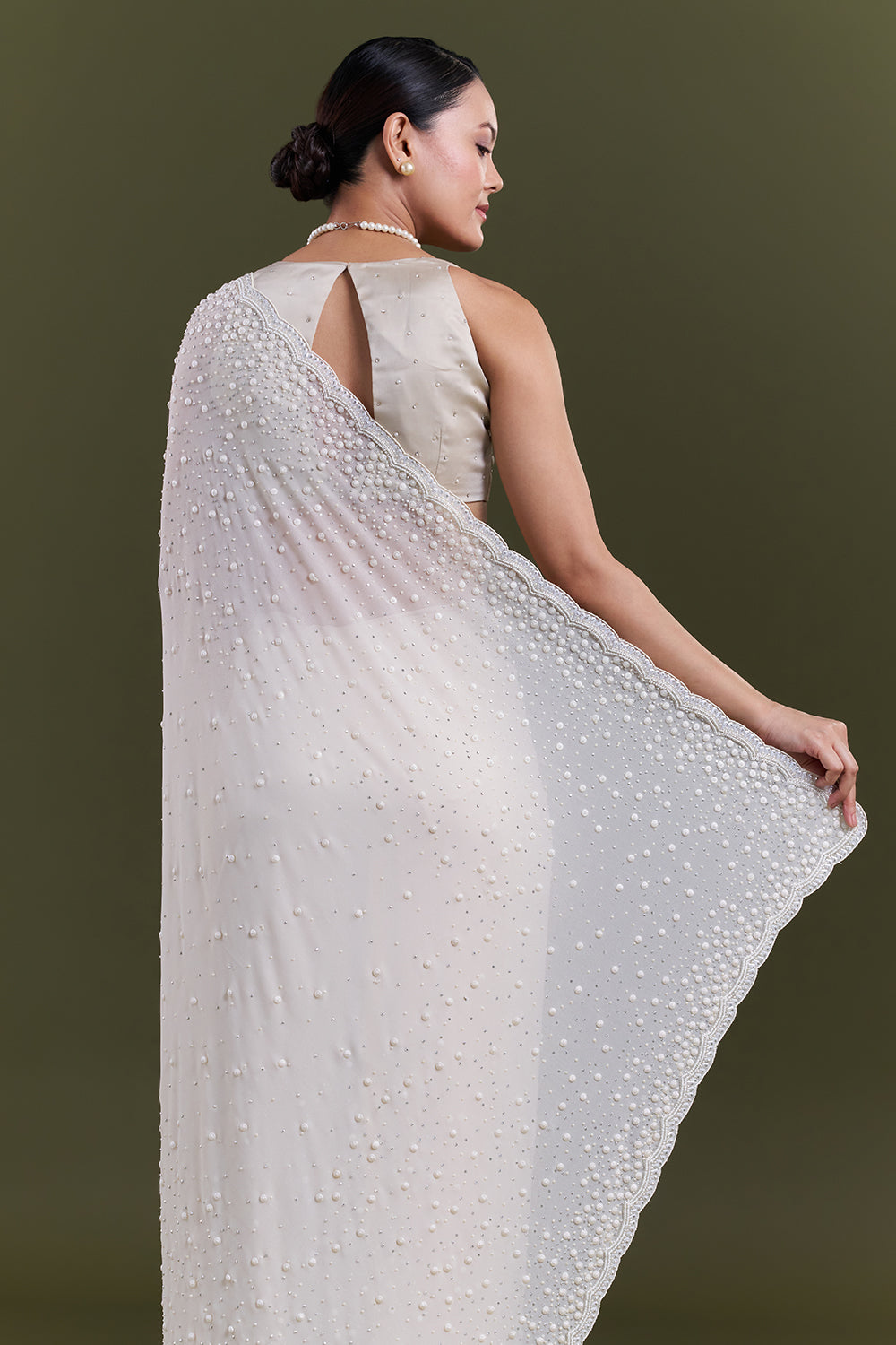 Cream Georgette Pearl Embellished Saree