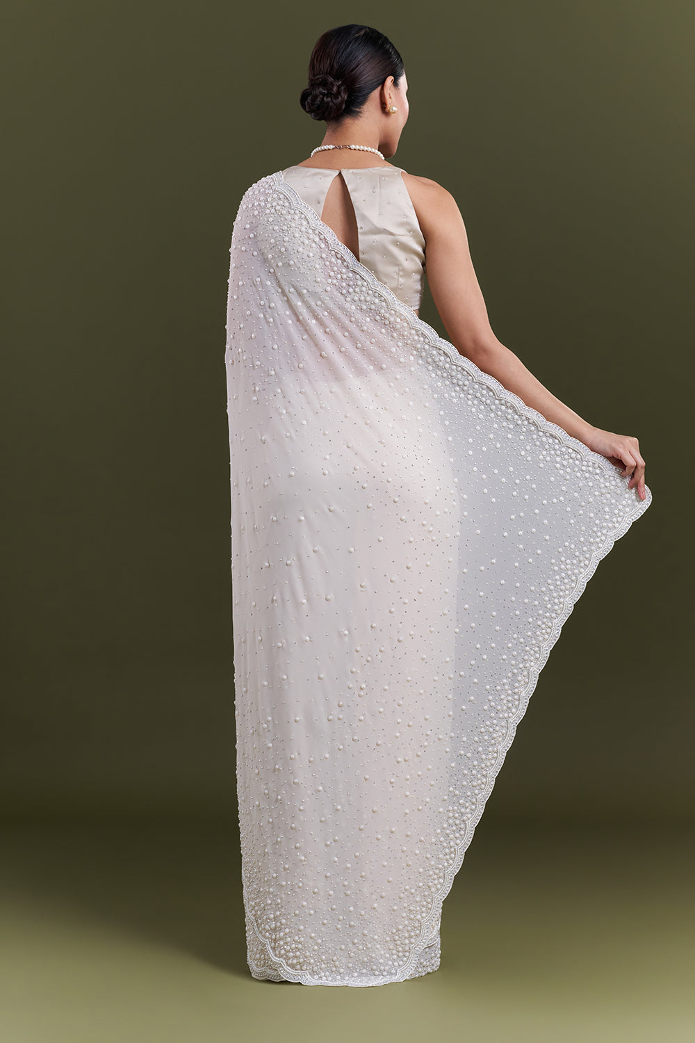 Cream Georgette Pearl Embellished Saree