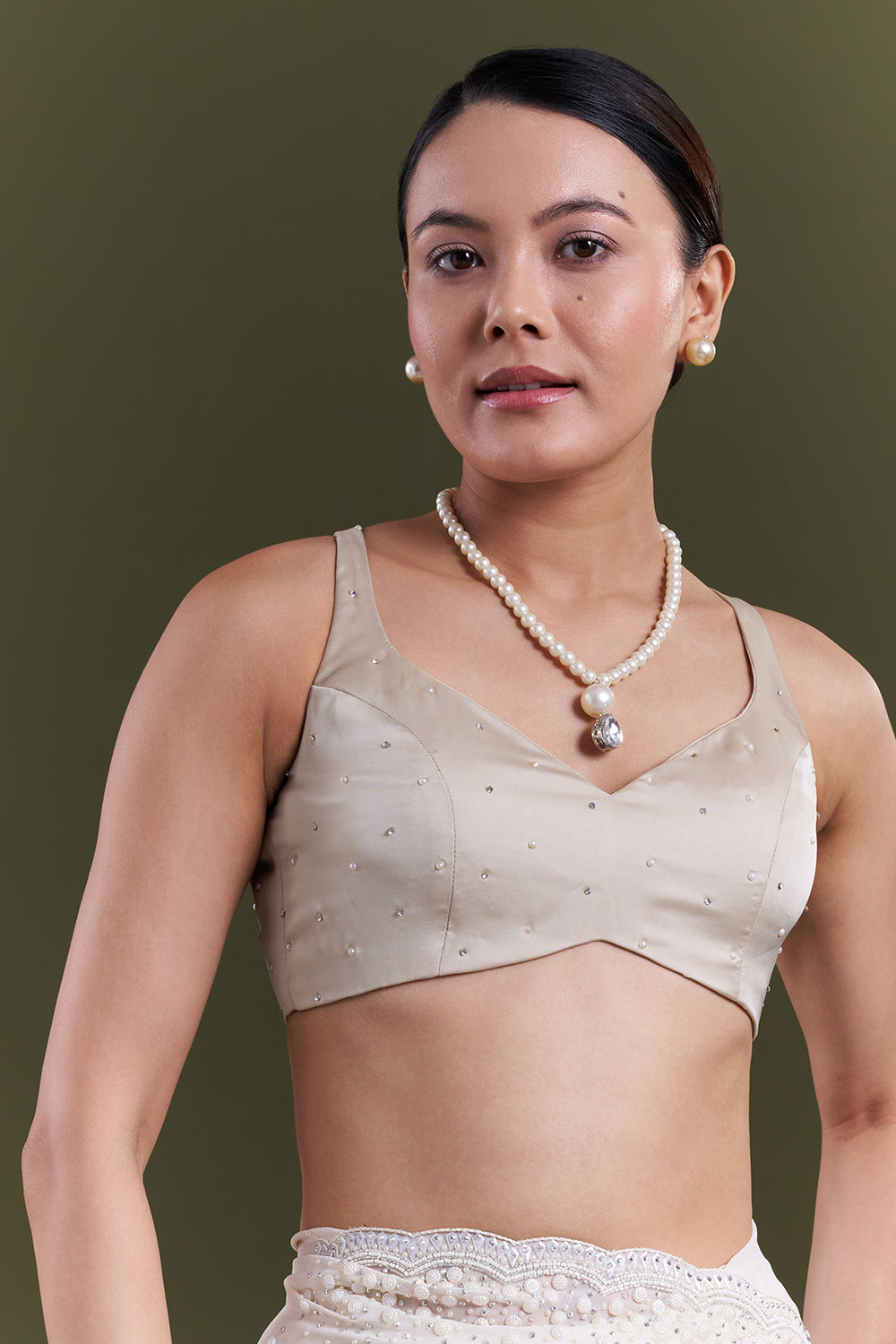 Cream Georgette Pearl Embellished Saree