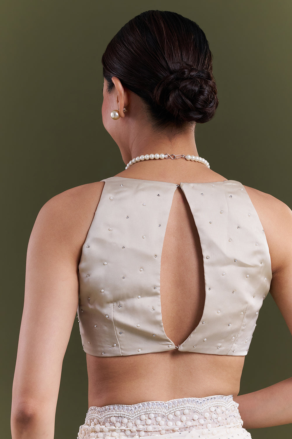 Cream Georgette Pearl Embellished Saree