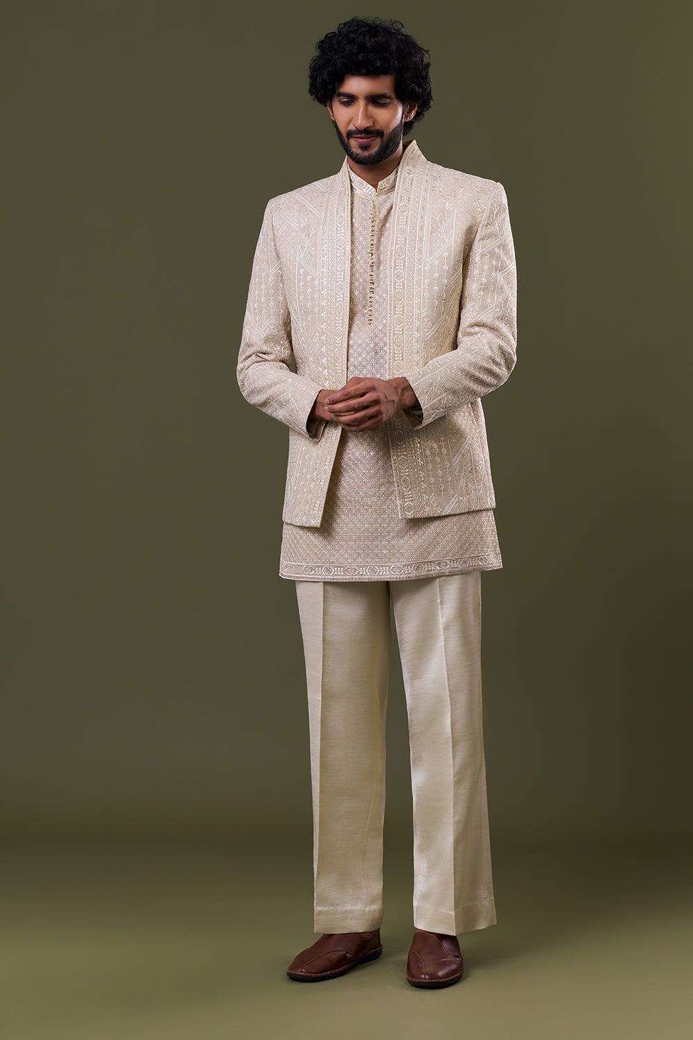 Cream Georgette Tonal Embellished Jacket Set