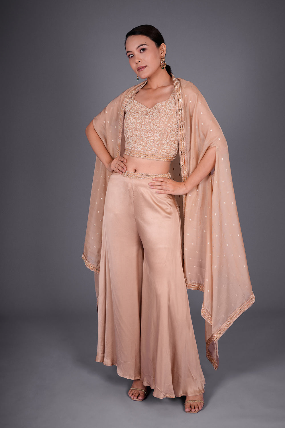 Cream Gold Dupion Silk Co-ord Set with Cutdana Embroidery