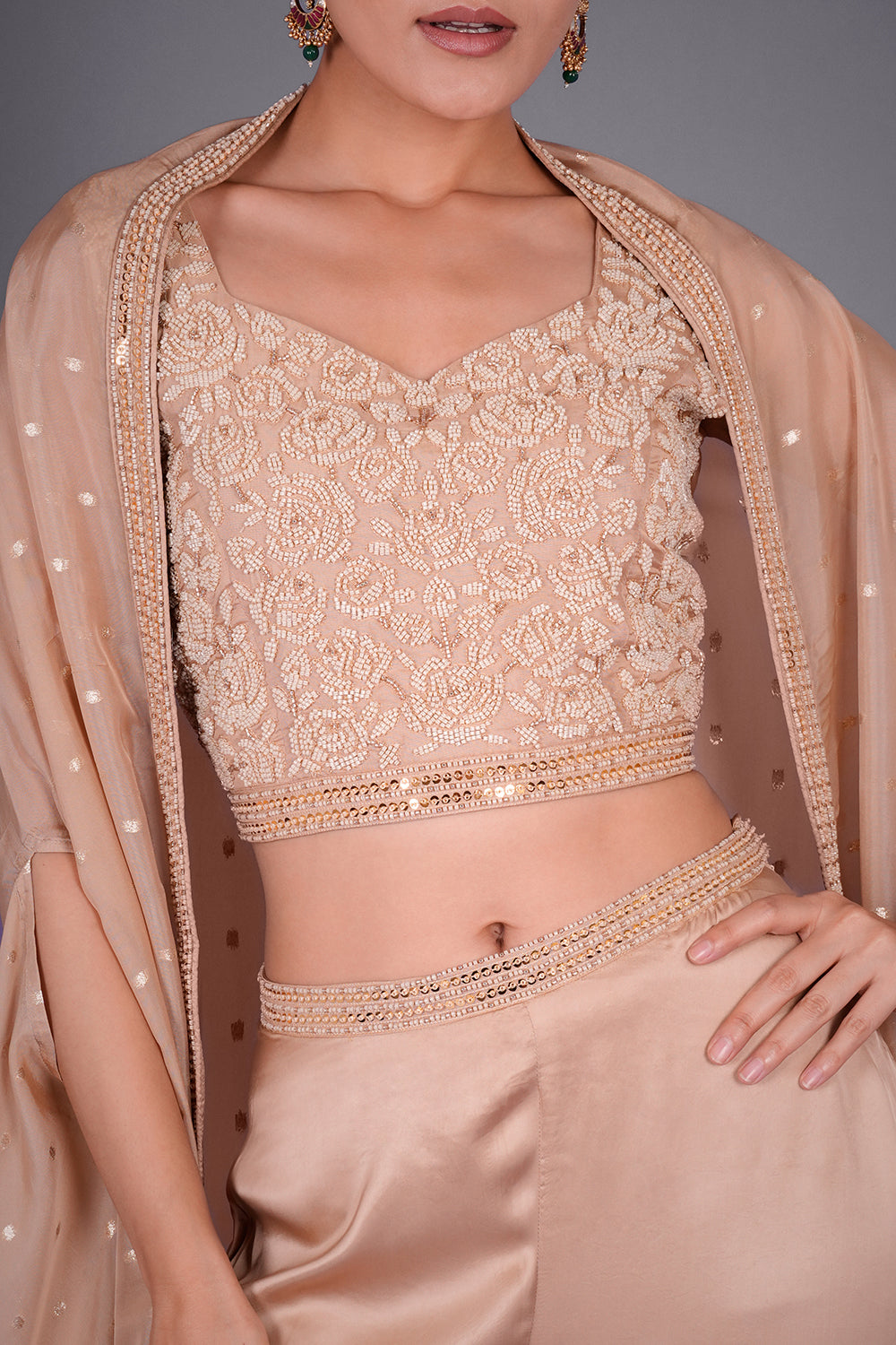 Cream Gold Dupion Silk Co-ord Set with Cutdana Embroidery