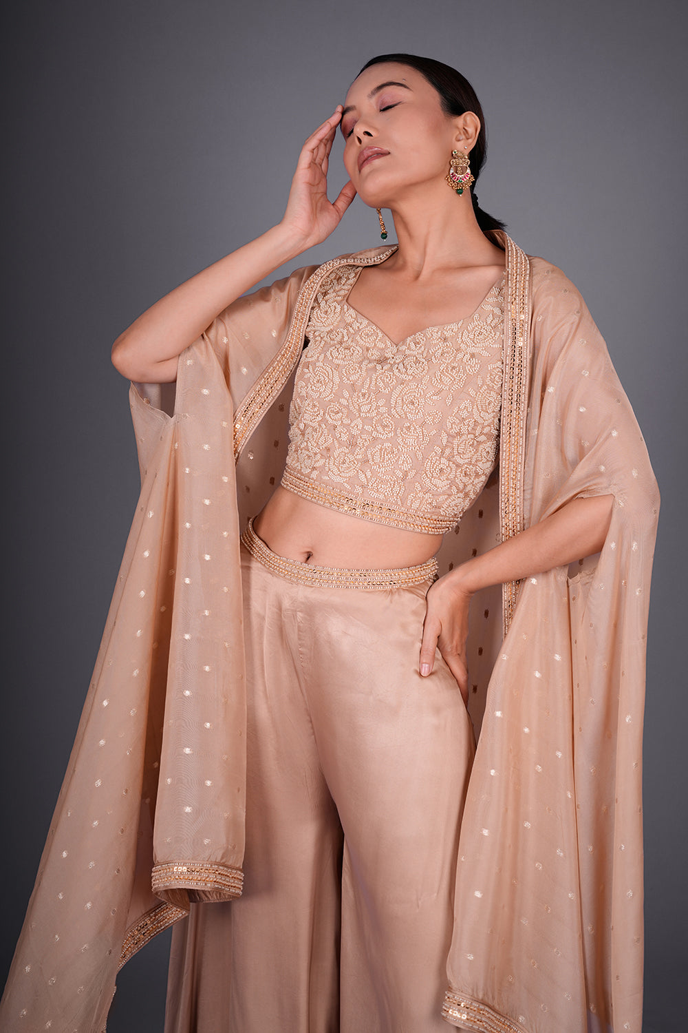 Cream Gold Dupion Silk Co-ord Set with Cutdana Embroidery