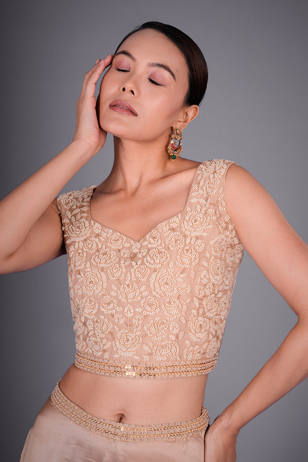 Cream Gold Dupion Silk Co-ord Set with Cutdana Embroidery