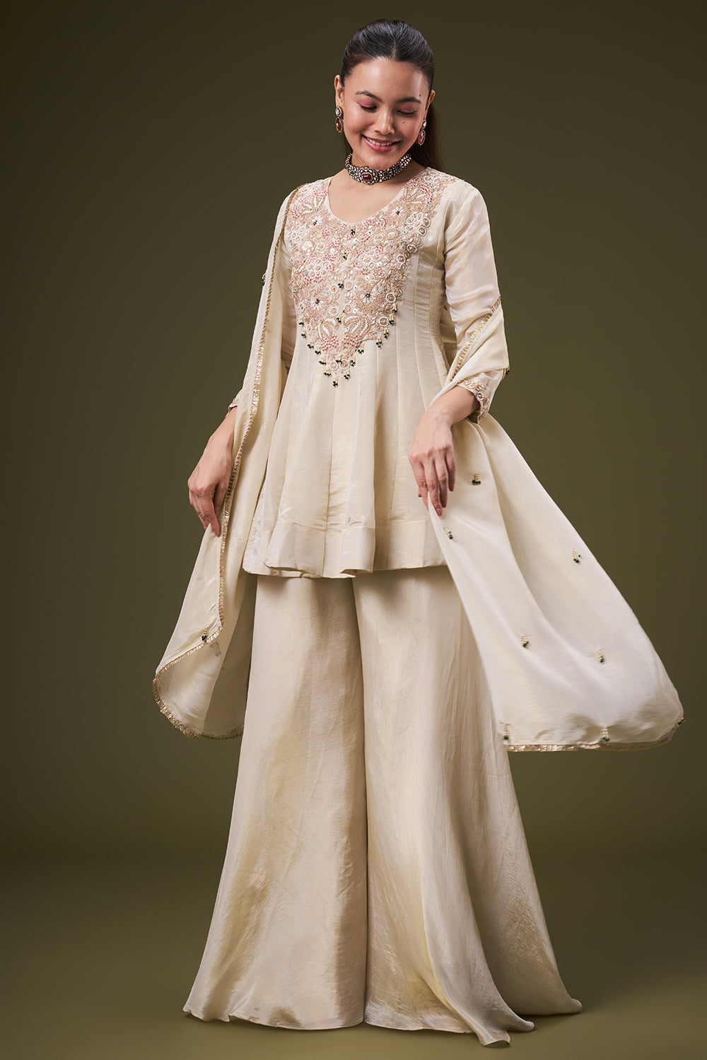 Cream Golden Tissue Peplum Palazzo Suit with Gota and Zardosi Work