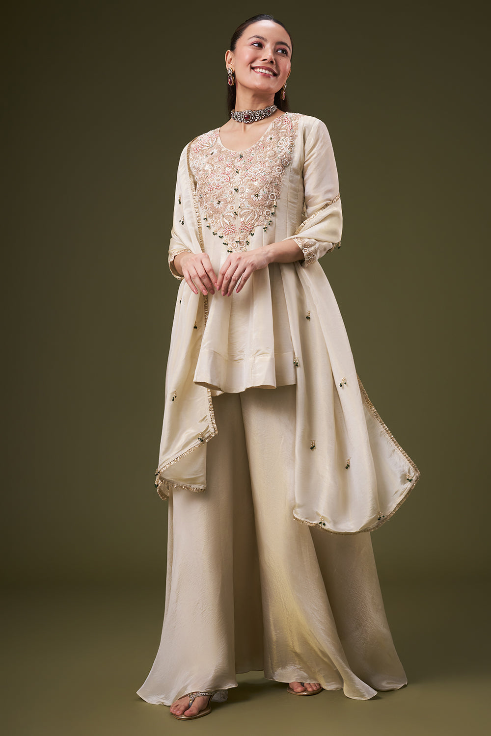 Cream Golden Tissue Peplum Palazzo Suit with Gota and Zardosi Work