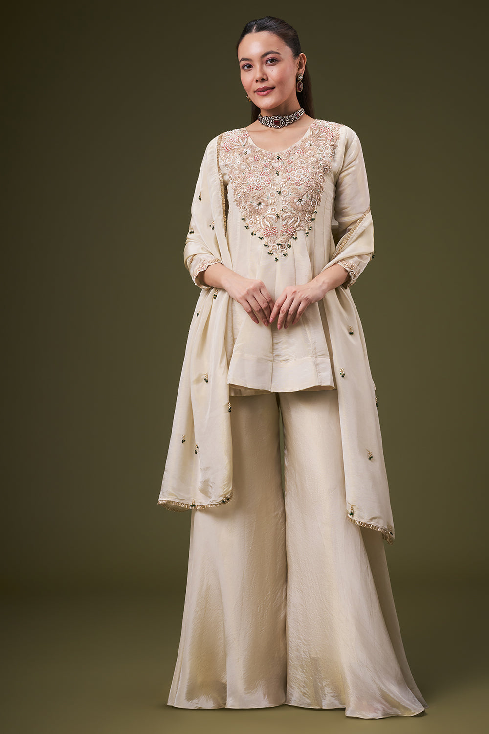 Cream Golden Tissue Peplum Palazzo Suit with Gota and Zardosi Work