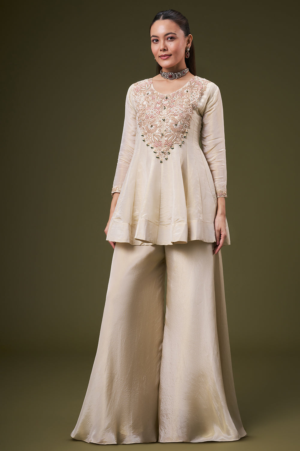Cream Golden Tissue Peplum Palazzo Suit with Gota and Zardosi Work