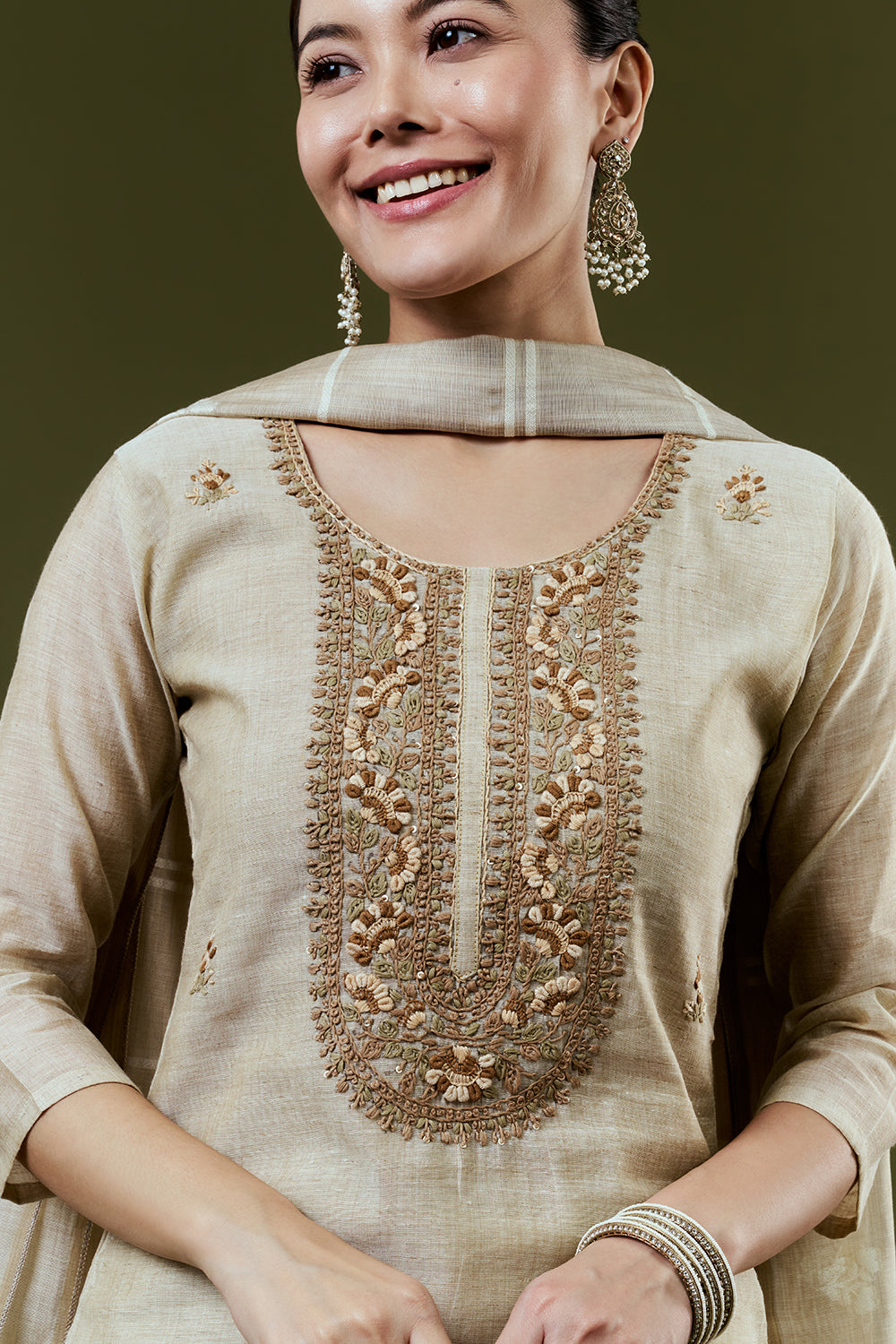 Cream Khadi Silk Suit Set with Embroidery Work