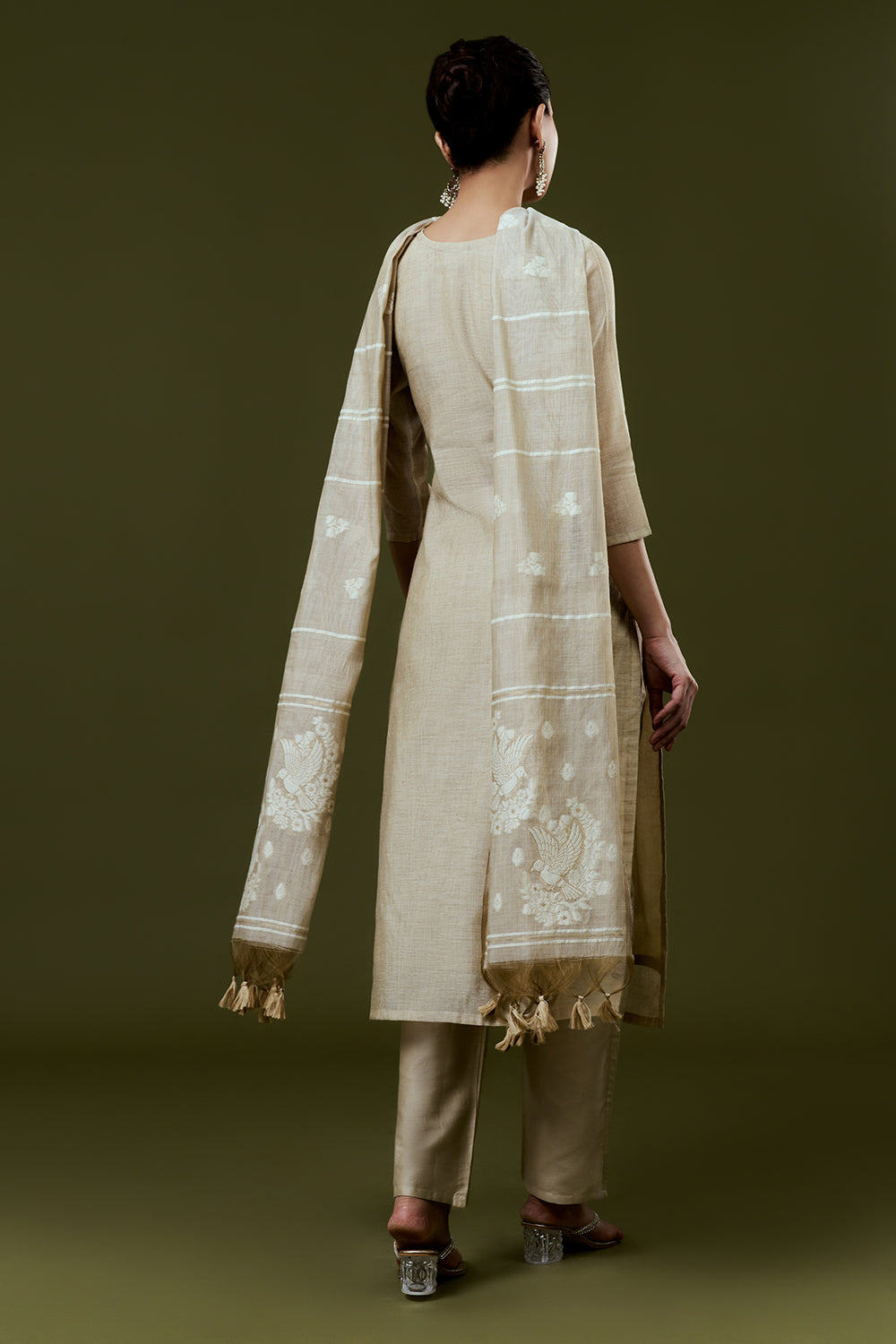 Cream Khadi Silk Suit Set with Embroidery Work