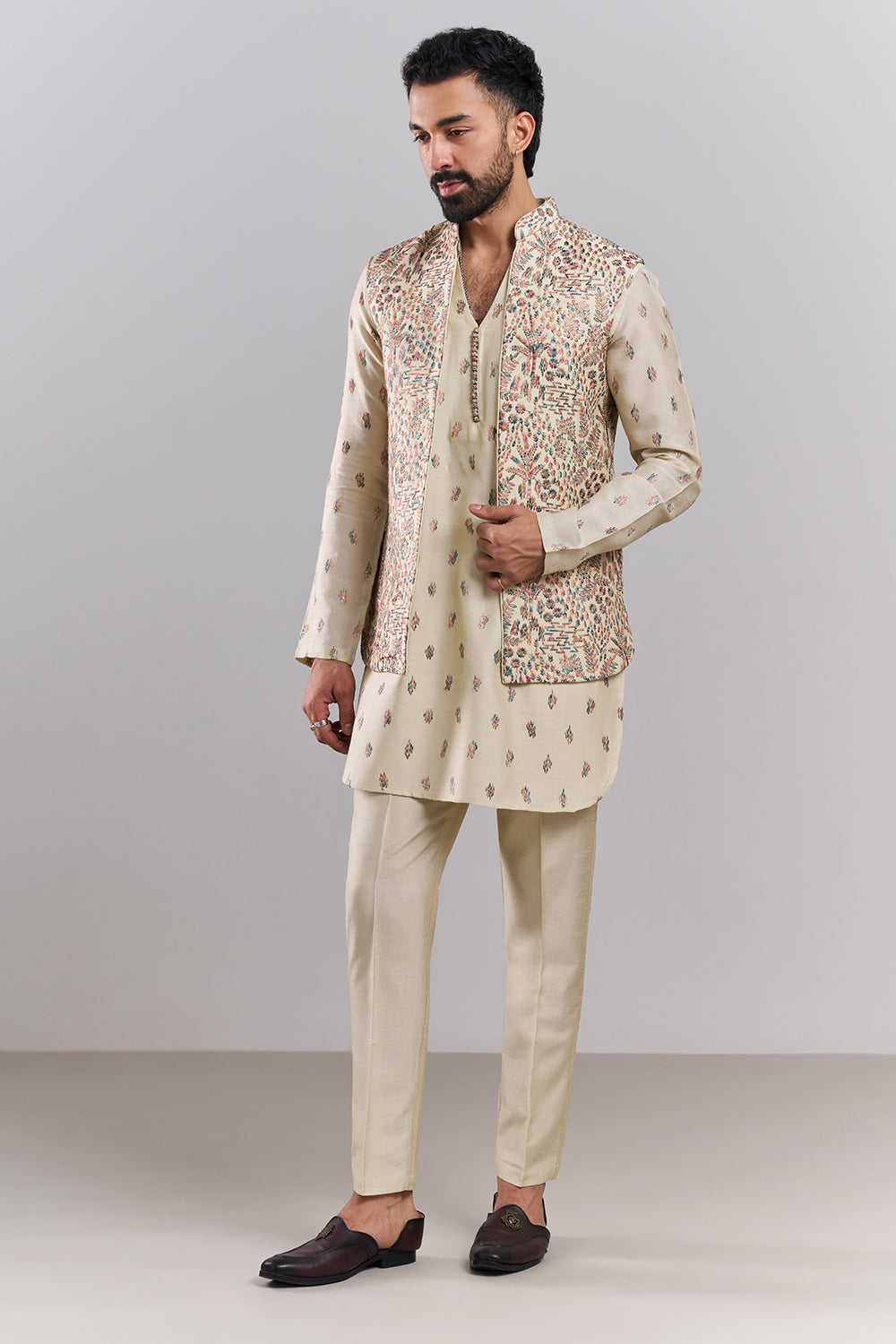 Cream Linen Satin Men’s Kurta with Embroidered Jacket
