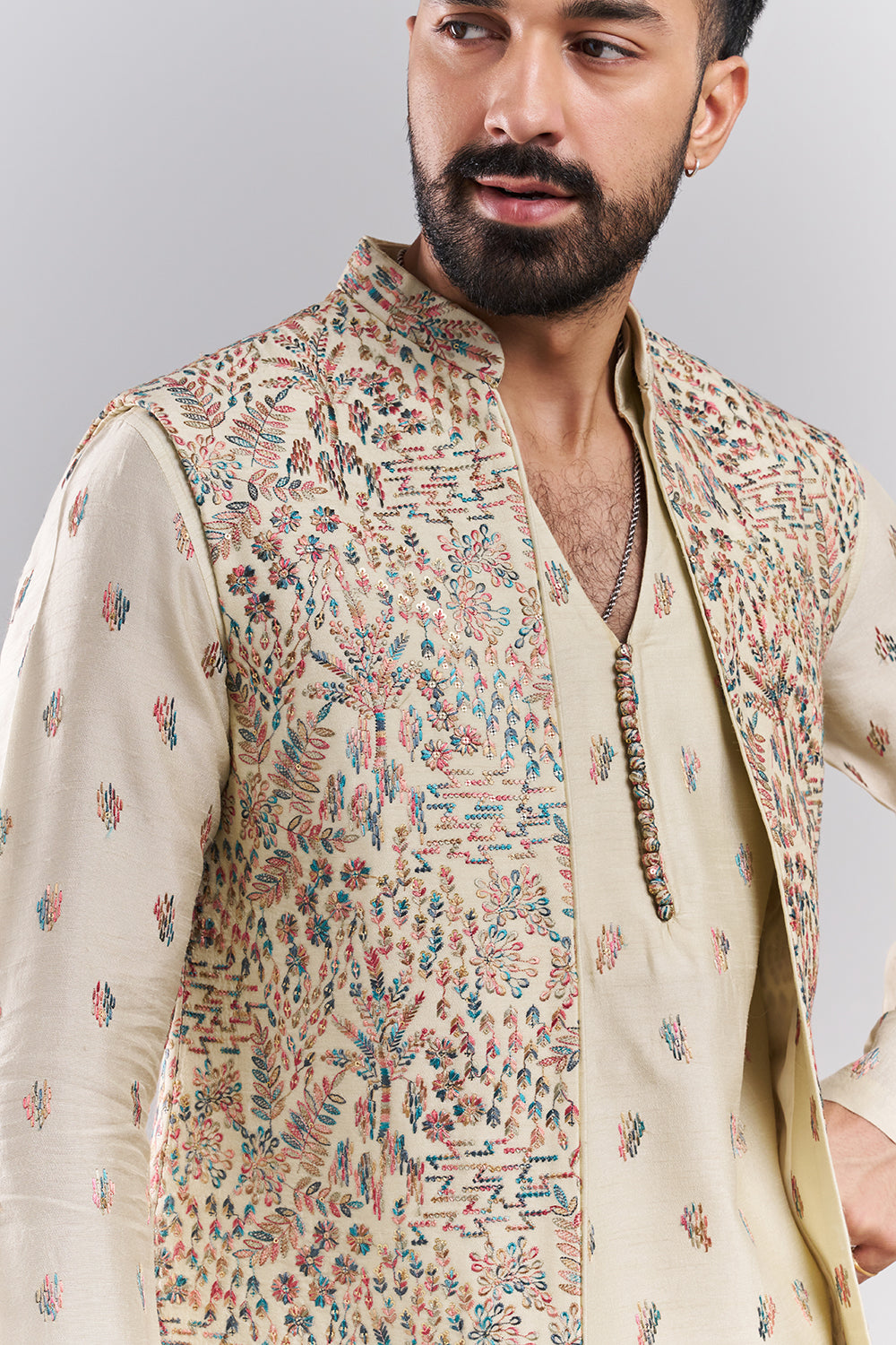 Cream Linen Satin Men’s Kurta with Embroidered Jacket