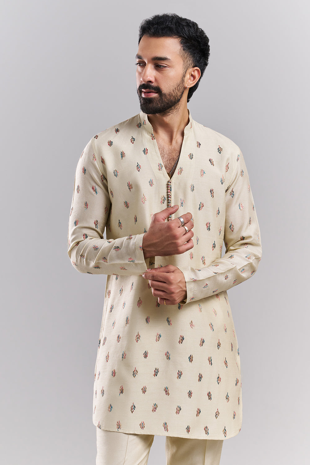 Cream Linen Satin Men’s Kurta with Embroidered Jacket