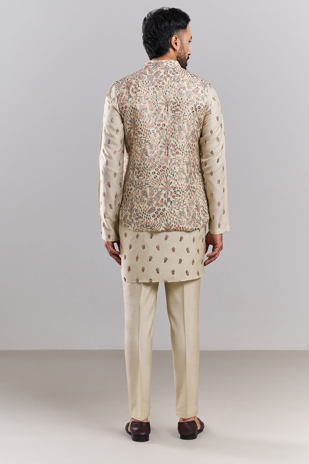 Cream Linen Satin Men’s Kurta with Embroidered Jacket