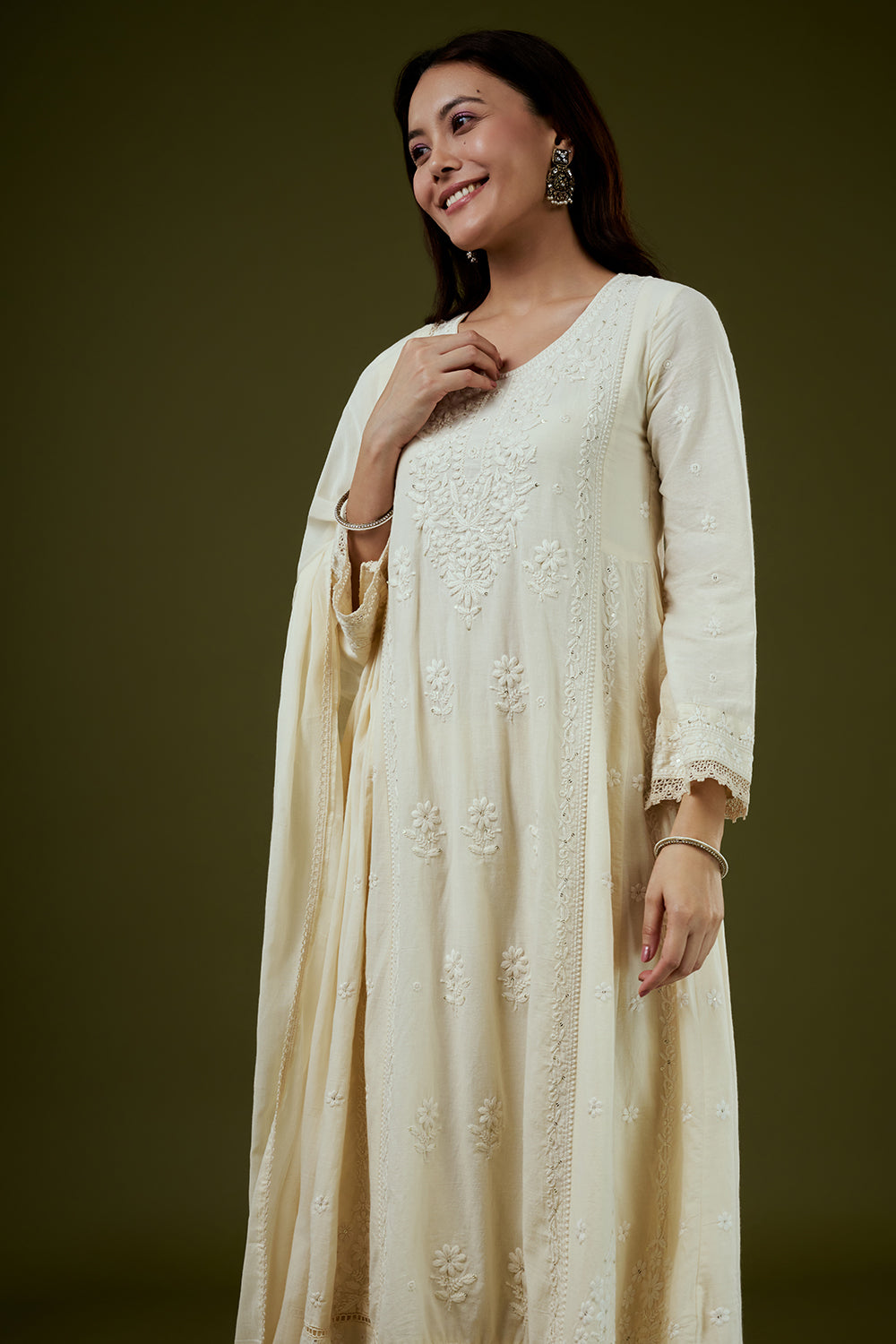 Cream Mul Cotton Anarkali Set with Chikankari Work