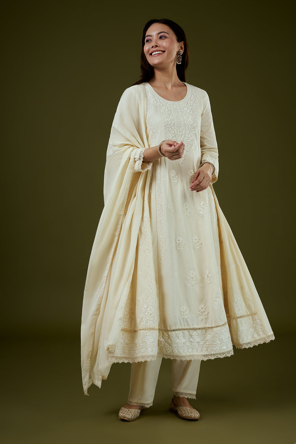 Cream Mul Cotton Anarkali Set with Chikankari Work