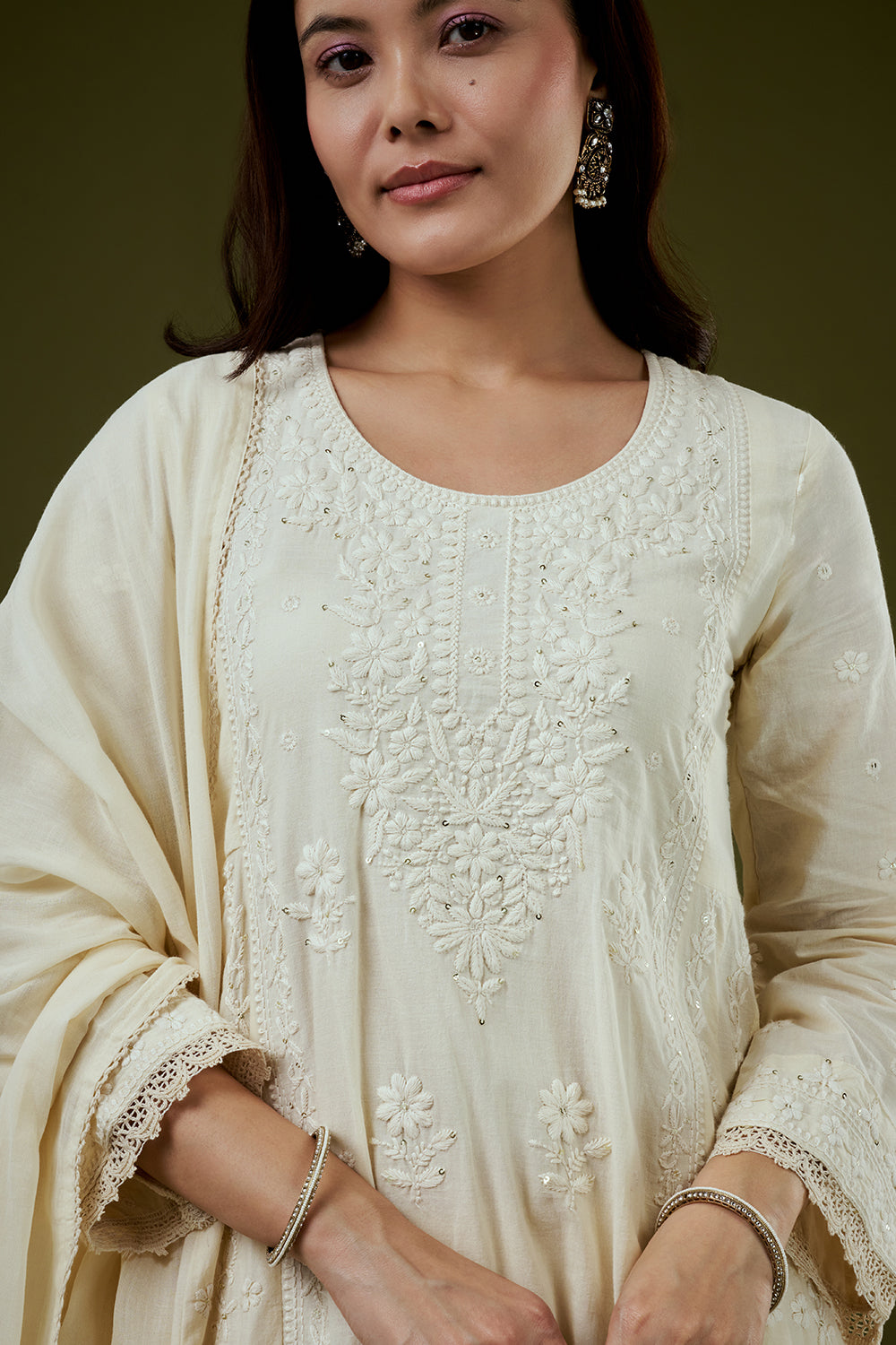 Cream Mul Cotton Anarkali Set with Chikankari Work