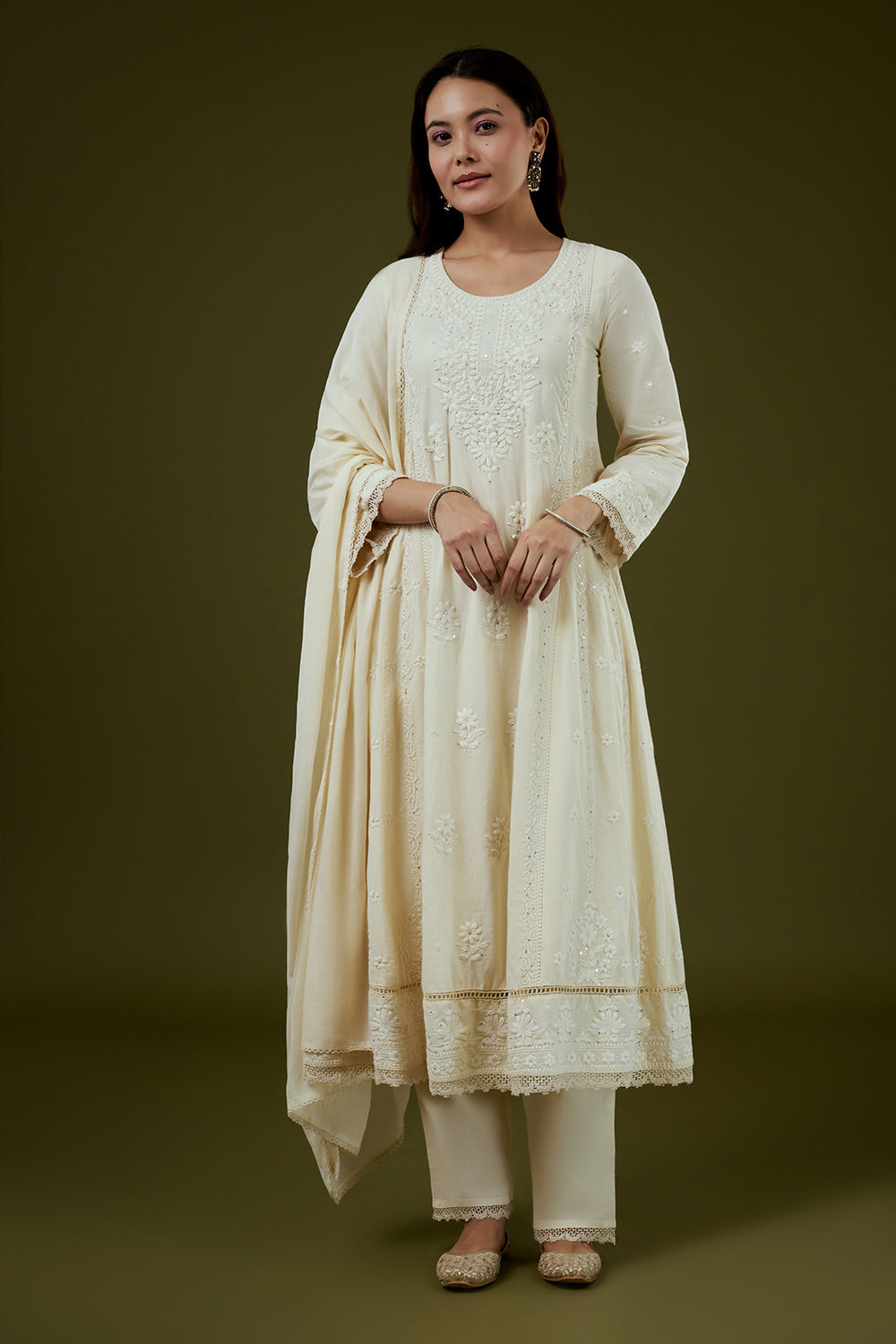 Cream Mul Cotton Anarkali Set with Chikankari Work