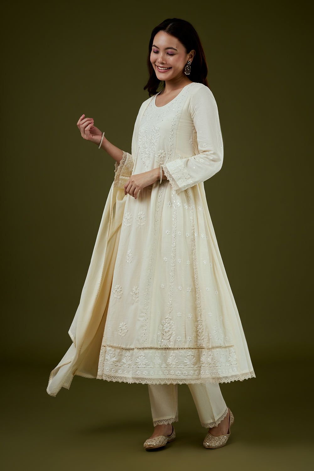 Cream Mul Cotton Anarkali Set with Chikankari Work