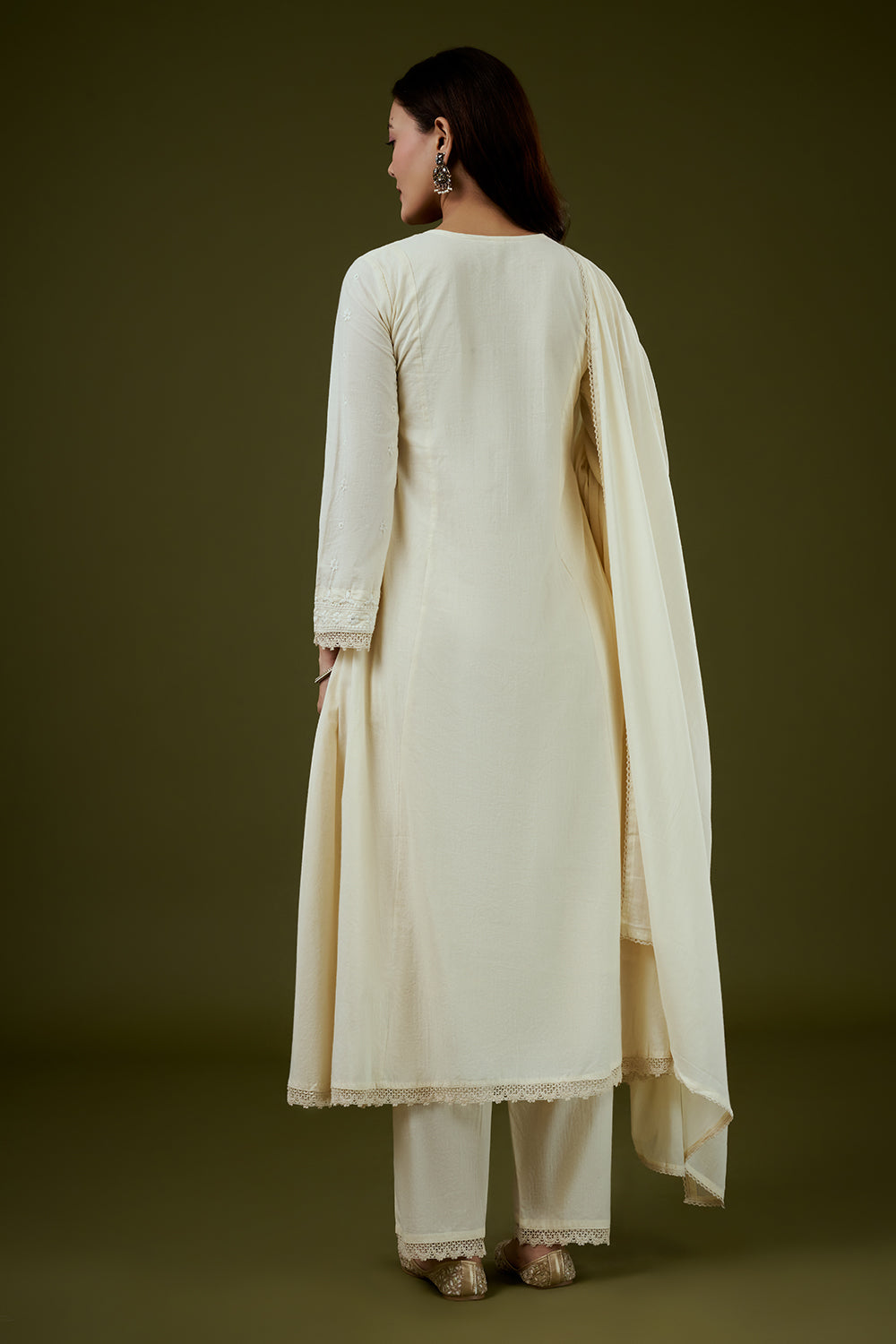 Cream Mul Cotton Anarkali Set with Chikankari Work
