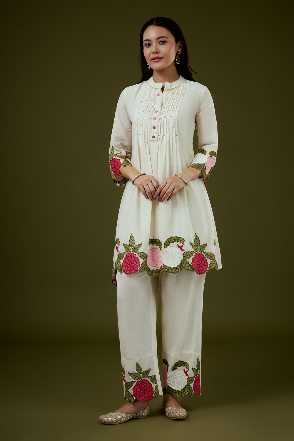 Cream Mul Cotton Coord Set with 3D Floral Work