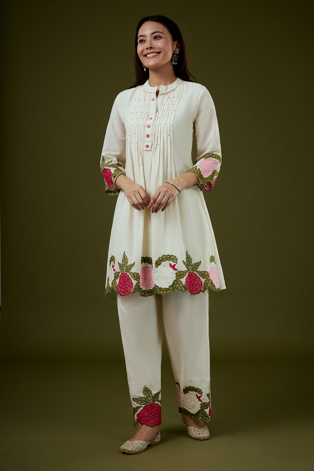 Cream Mul Cotton Coord Set with 3D Floral Work