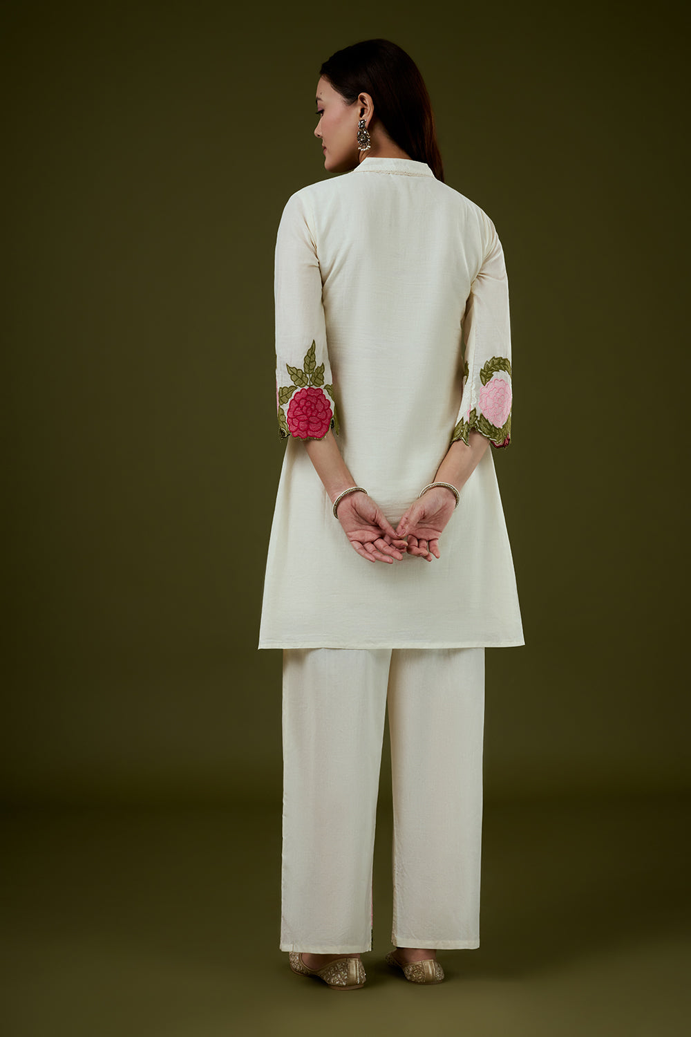 Cream Mul Cotton Coord Set with 3D Floral Work