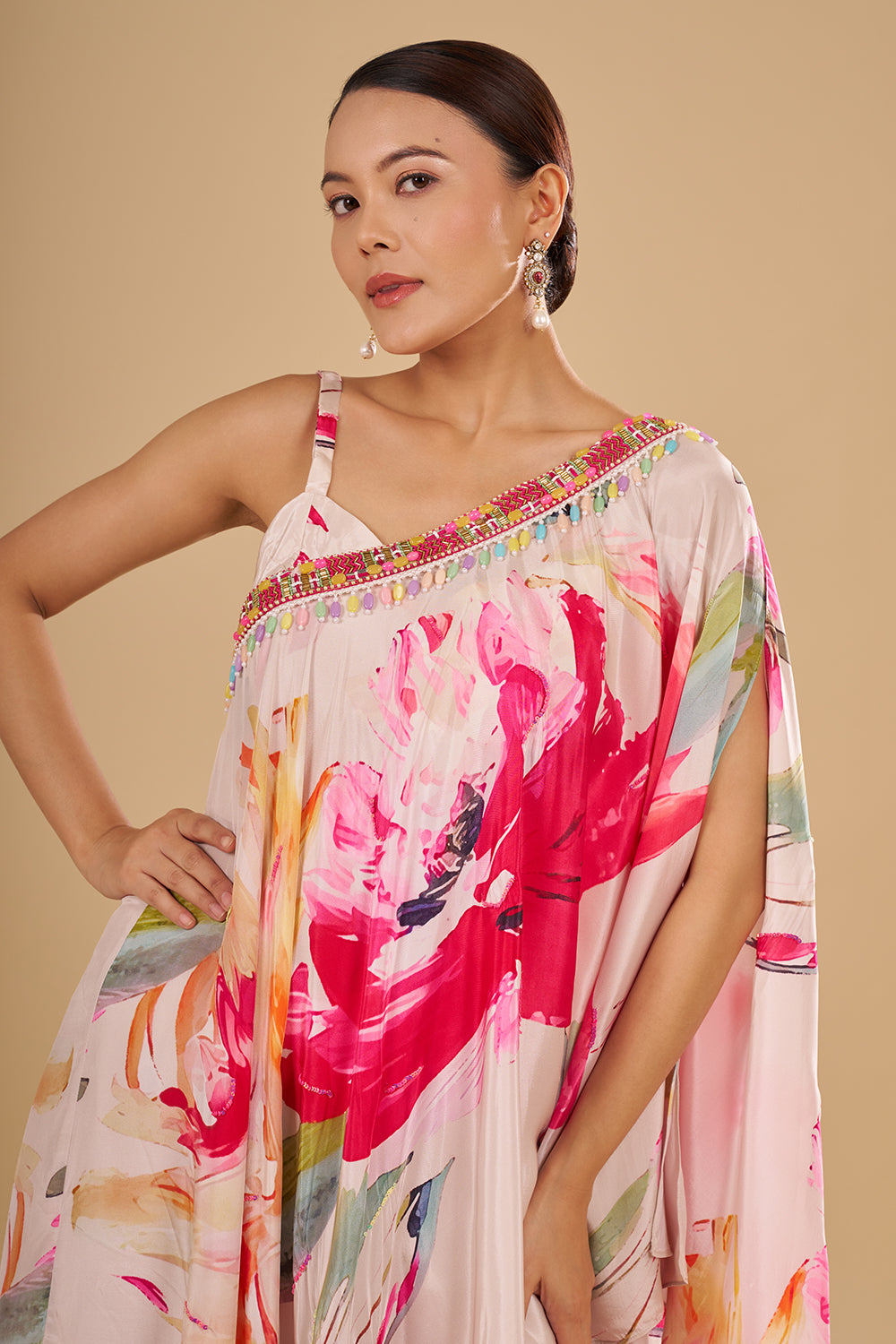 Cream Multicolour Floral Printed Pure Crepe Cape Set with Sequins and Cut Dana Work