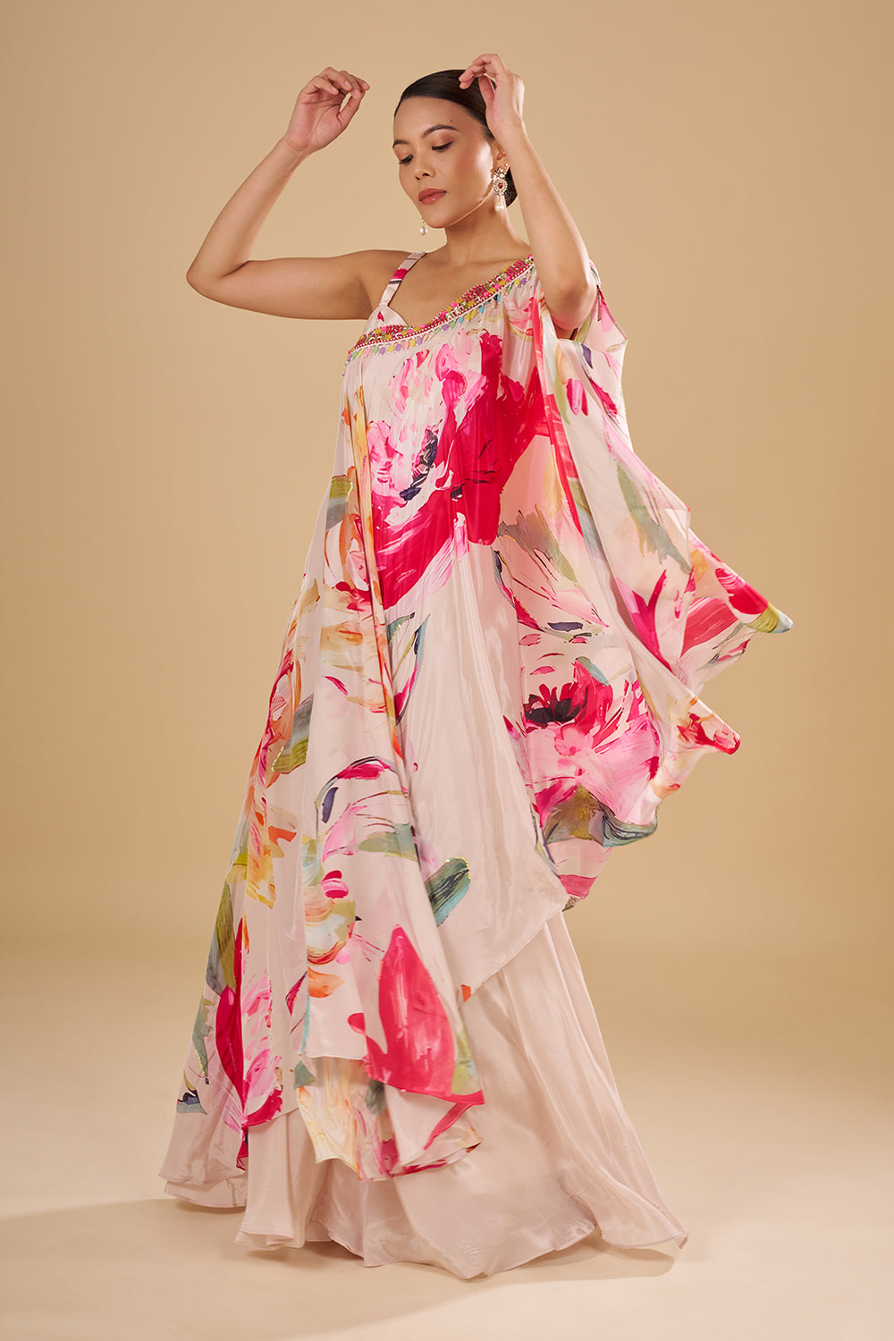 Cream Multicolour Floral Printed Pure Crepe Cape Set with Sequins and Cut Dana Work